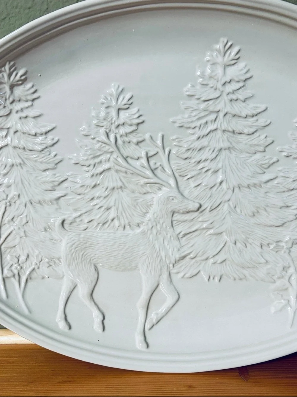 Pottery Barn DONDER Deer serving platter Oval Woodland Scene